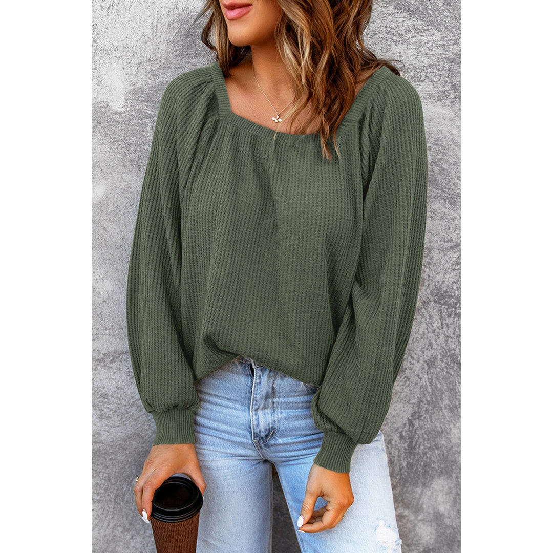 Womens Green Scoop Neck Puff Sleeve Waffle Knit Top Image 3