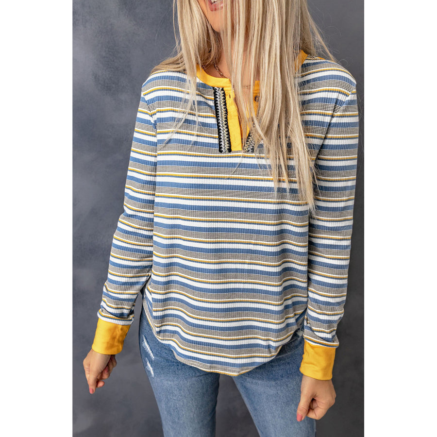 Womens Striped Knit Button Neck Long Sleeve Top Image 1