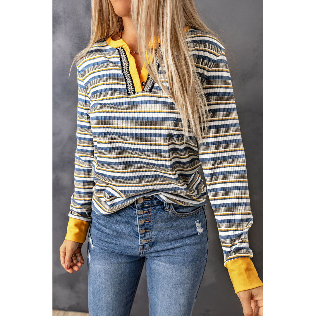 Womens Striped Knit Button Neck Long Sleeve Top Image 3