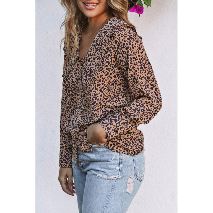 Womens Leopard Print Buttoned Frilled V Neck Top Image 1