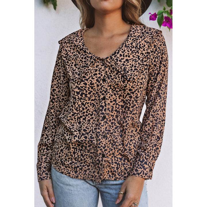 Womens Leopard Print Buttoned Frilled V Neck Top Image 3