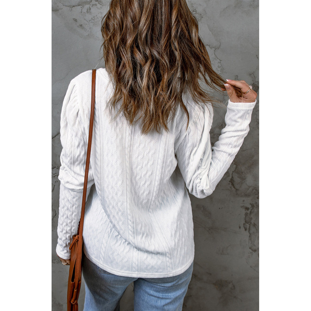 Women's White Solid Color Puffy Sleeve Textured Knit Top Image 1