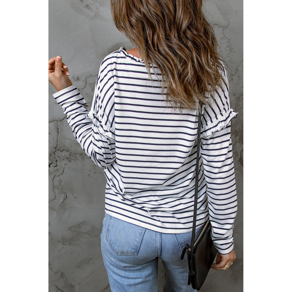 Womens White Striped Print Ruffled Buttoned Long Sleeve Top Image 2