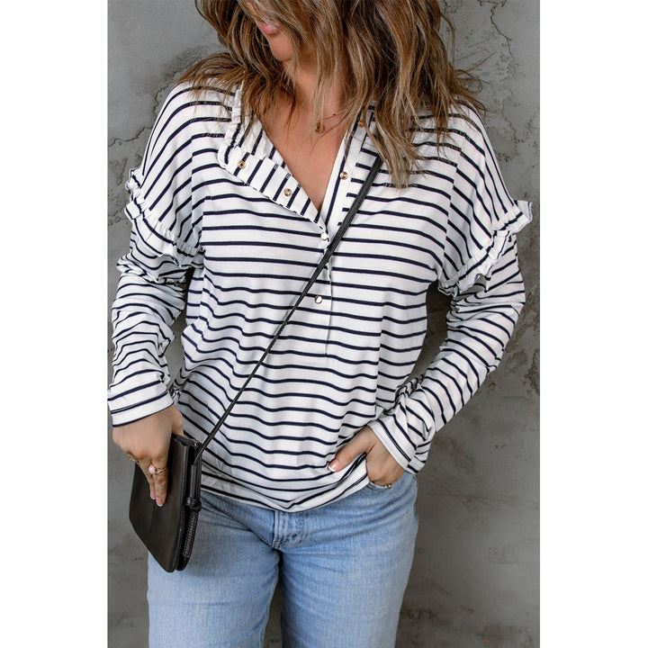 Womens White Striped Print Ruffled Buttoned Long Sleeve Top Image 1