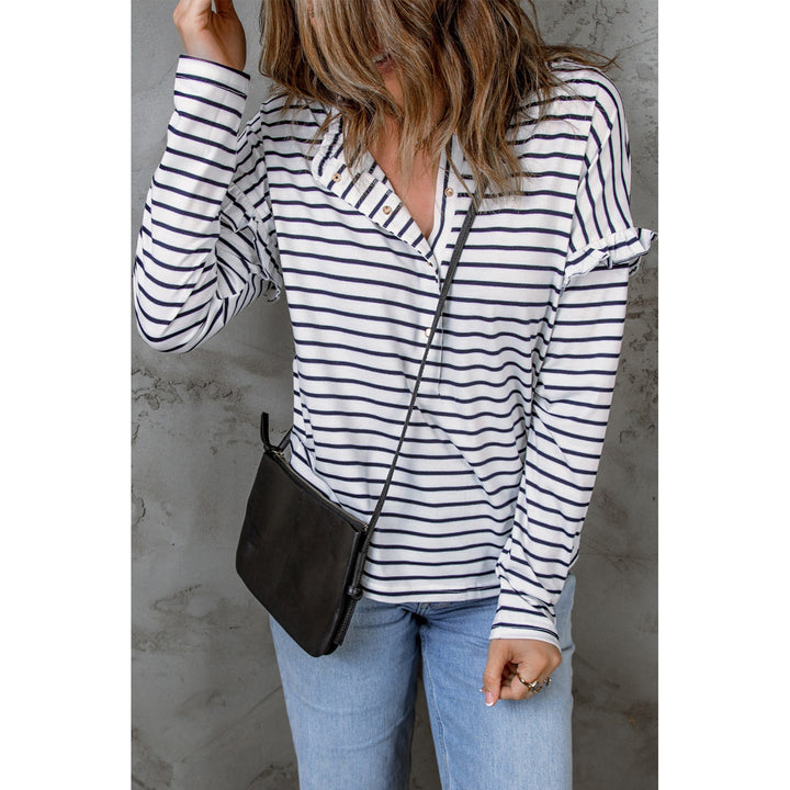 Womens White Striped Print Ruffled Buttoned Long Sleeve Top Image 3