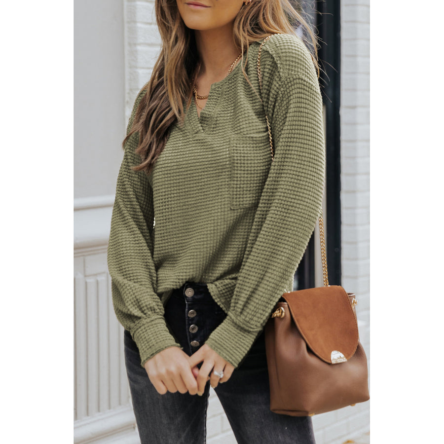 Womens Green Waffle Knit Split Neck Pocketed Loose Top Image 1