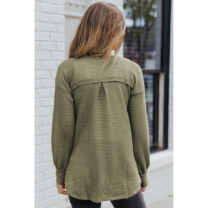 Womens Green Waffle Knit Split Neck Pocketed Loose Top Image 2