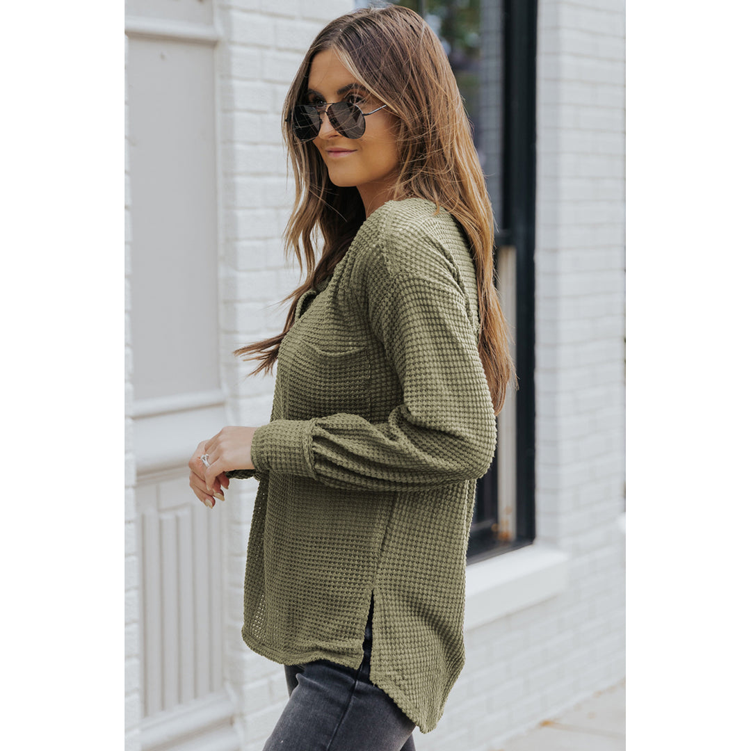 Womens Green Waffle Knit Split Neck Pocketed Loose Top Image 3