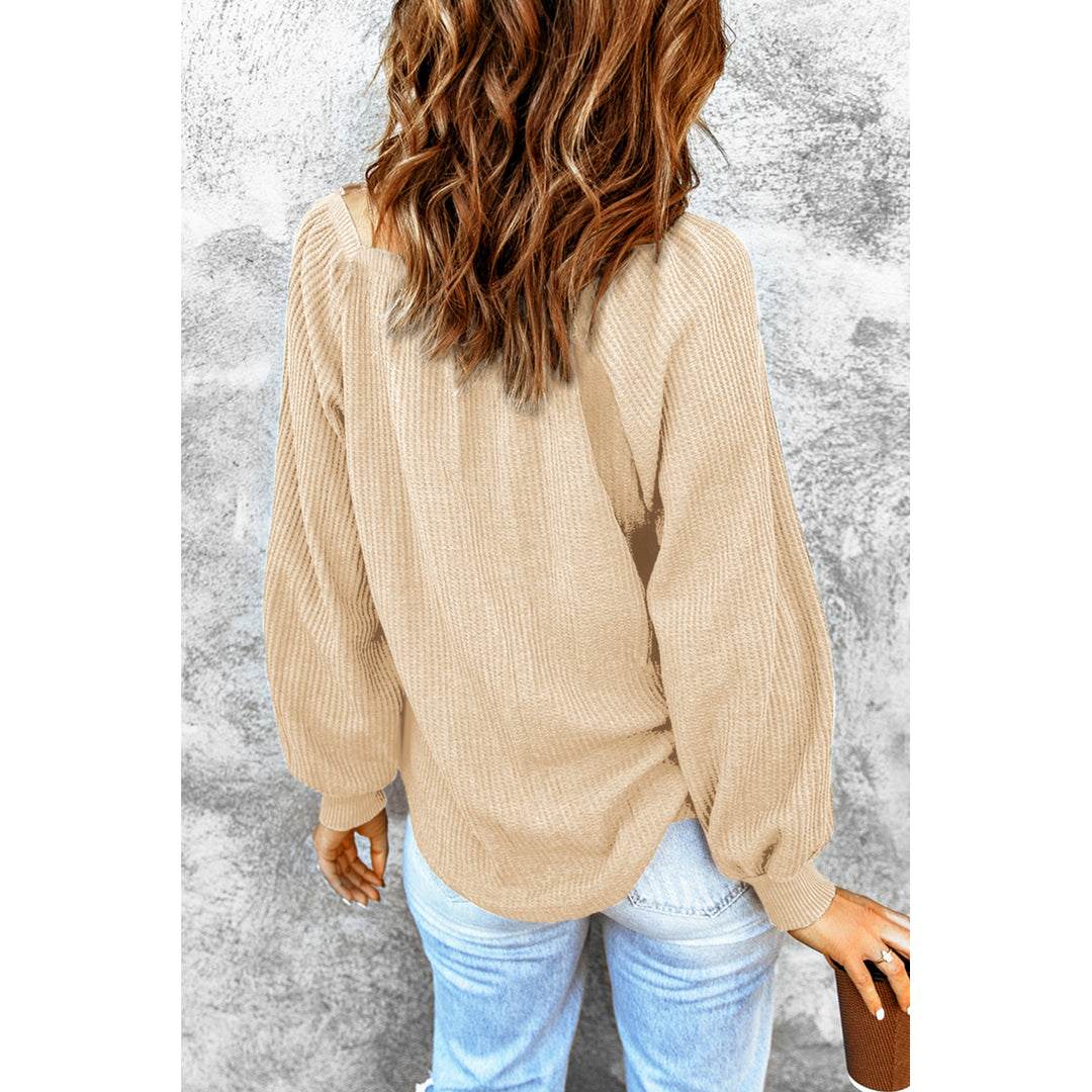 Womens Apricot Scoop Neck Puff Sleeve Waffle Knit Top Image 2