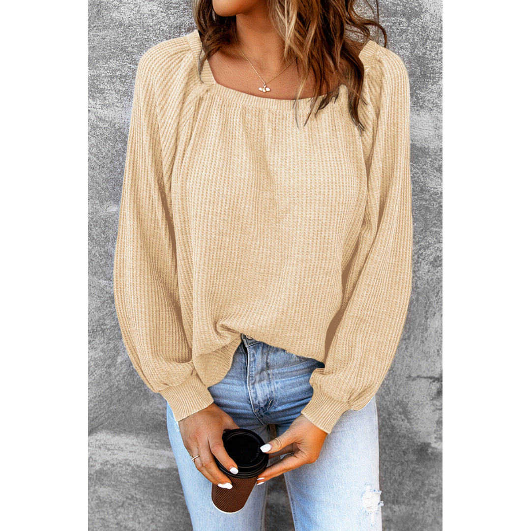 Womens Apricot Scoop Neck Puff Sleeve Waffle Knit Top Image 1