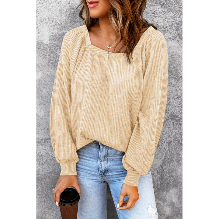 Womens Apricot Scoop Neck Puff Sleeve Waffle Knit Top Image 3