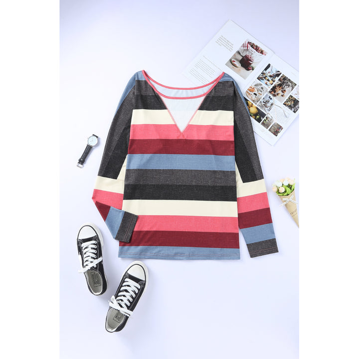 Womens Multicolor Striped Mesh Splicing Round Neck Long Sleeve Top Image 1