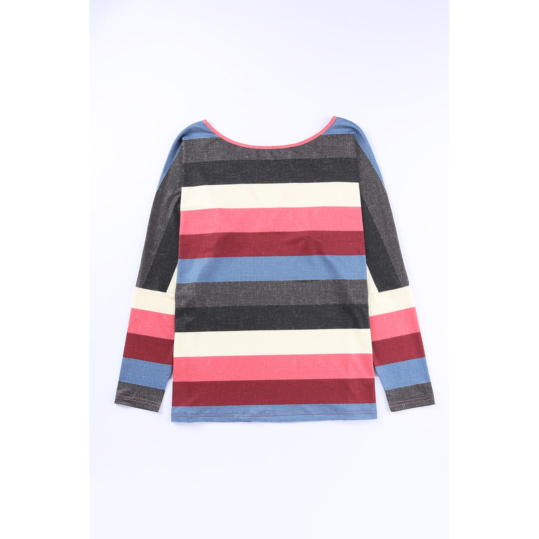 Womens Multicolor Striped Mesh Splicing Round Neck Long Sleeve Top Image 2