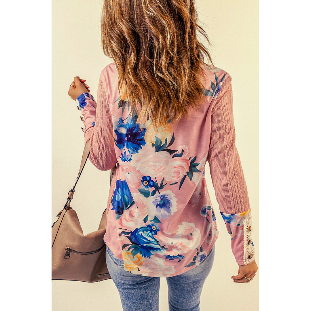 Women's Pink Floral Lace Patchwork Knitted Long Sleeve Top Image 2
