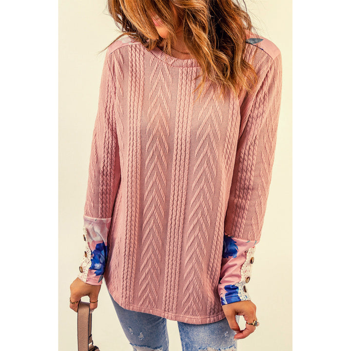 Women's Pink Floral Lace Patchwork Knitted Long Sleeve Top Image 1