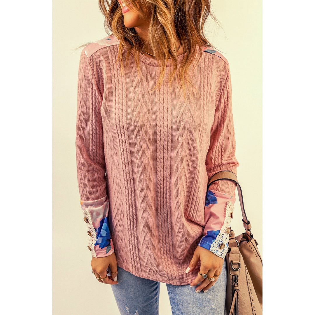Women's Pink Floral Lace Patchwork Knitted Long Sleeve Top Image 3