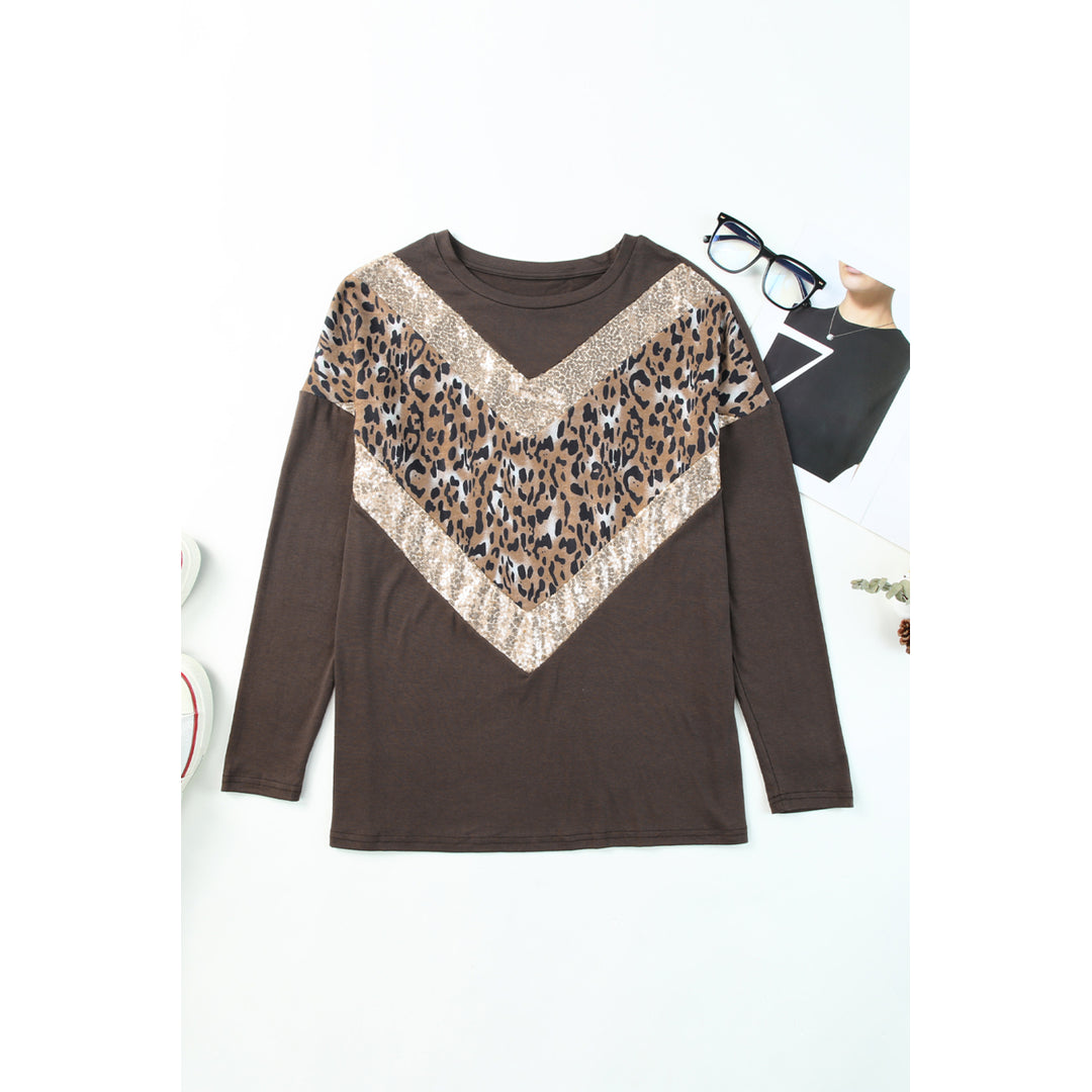 Womens Brown Chevron Sequin Leopard Splicing Long Sleeve Top Image 1