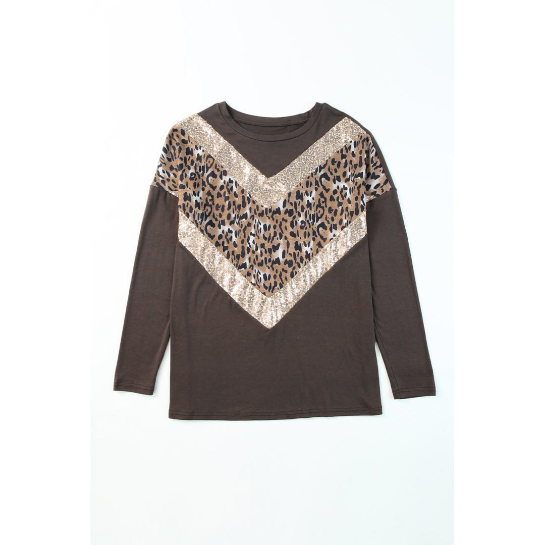 Womens Brown Chevron Sequin Leopard Splicing Long Sleeve Top Image 2