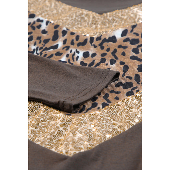 Womens Brown Chevron Sequin Leopard Splicing Long Sleeve Top Image 8