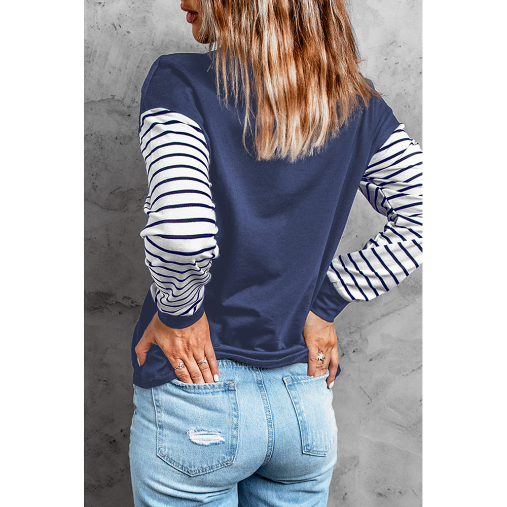 Women's Blue Striped Star Print Patchwork Long Sleeve Top Image 2