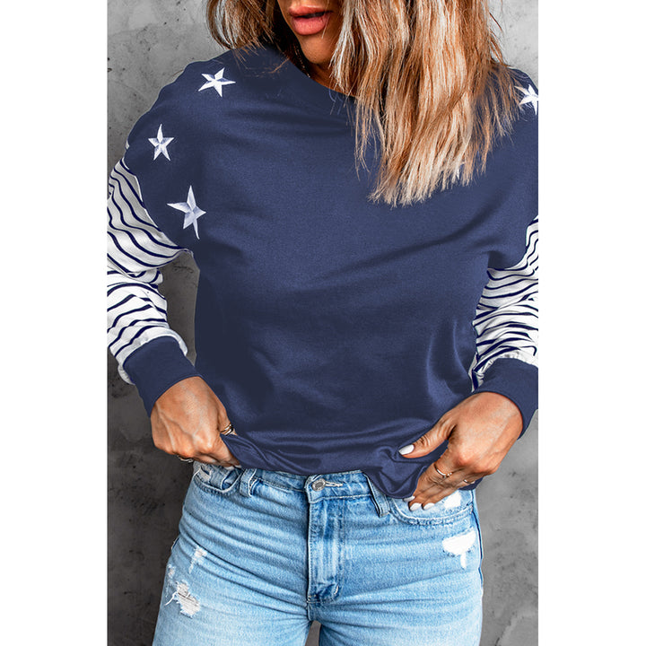 Women's Blue Striped Star Print Patchwork Long Sleeve Top Image 1