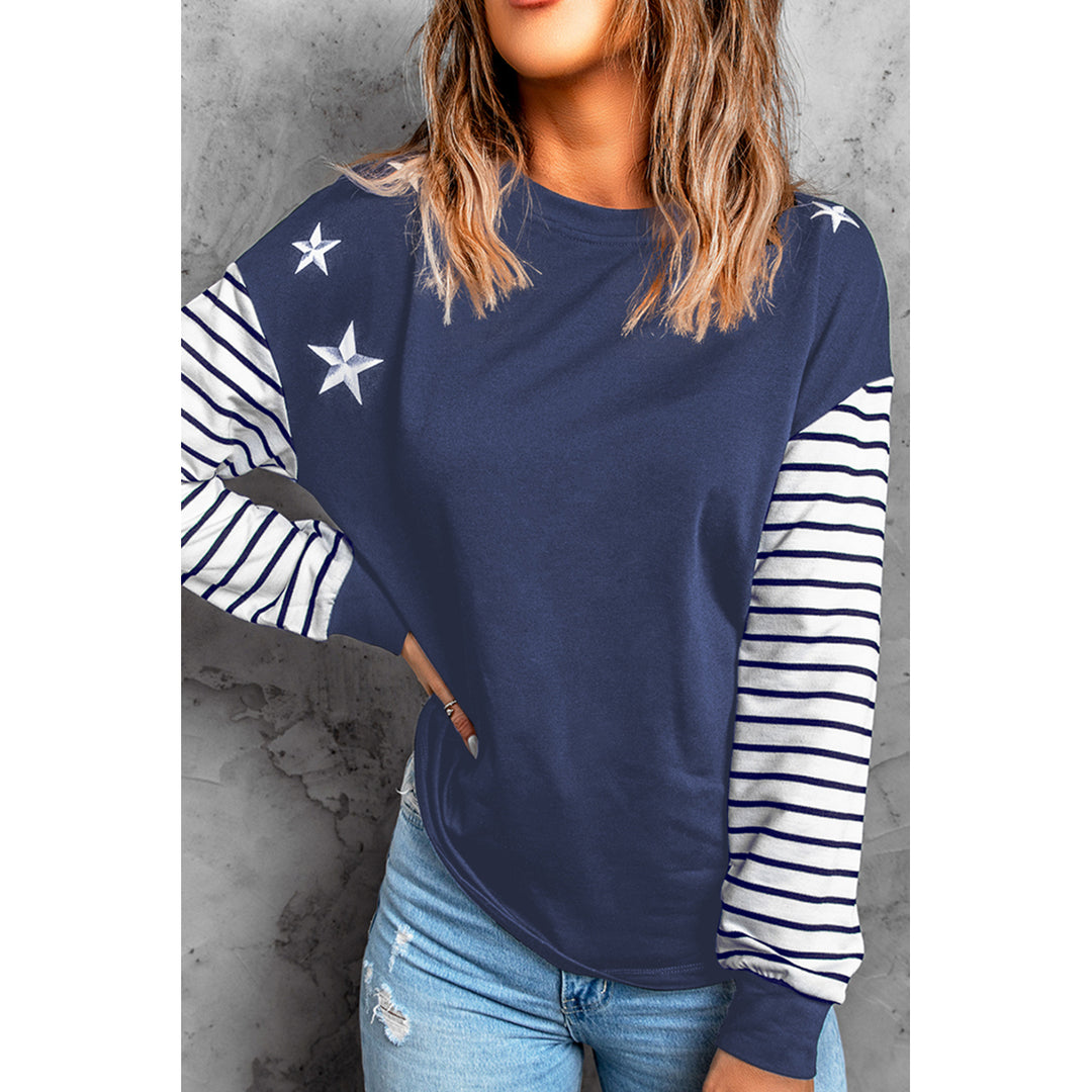 Women's Blue Striped Star Print Patchwork Long Sleeve Top Image 3