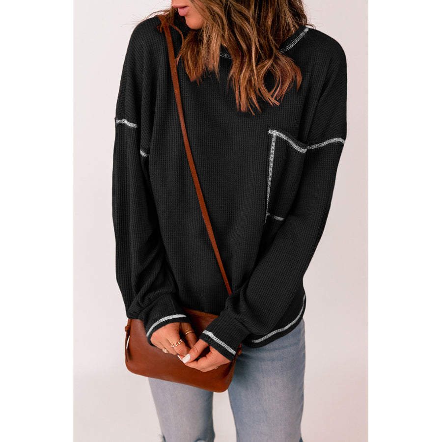 Womens Black Contrast Stitching Trim Waffle Knit Pullover Image 1
