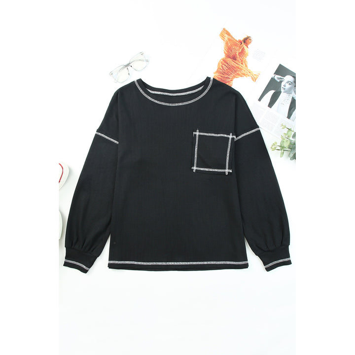 Womens Black Contrast Stitching Trim Waffle Knit Pullover Image 3