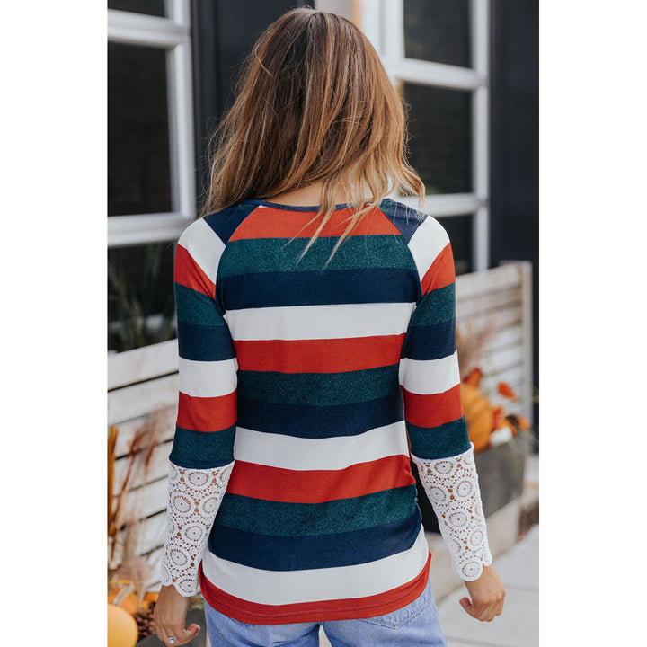Womens Orange Green Striped Lace Splicing Long Sleeve Top Image 2