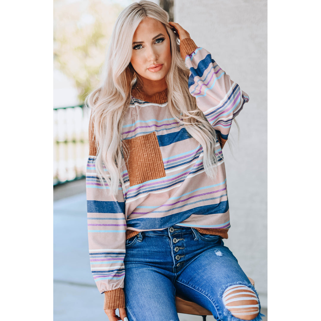 Women's Striped Print Ribbed Knit Patchwork Pullover Top Image 3