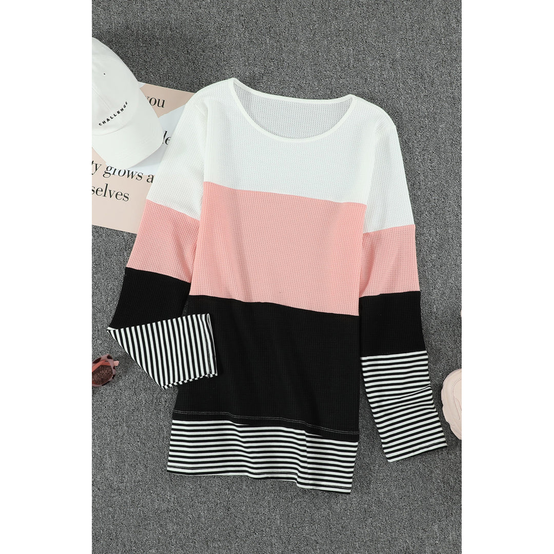 Womens Pink Stylish Colorblock Splicing Stripes Top Image 2