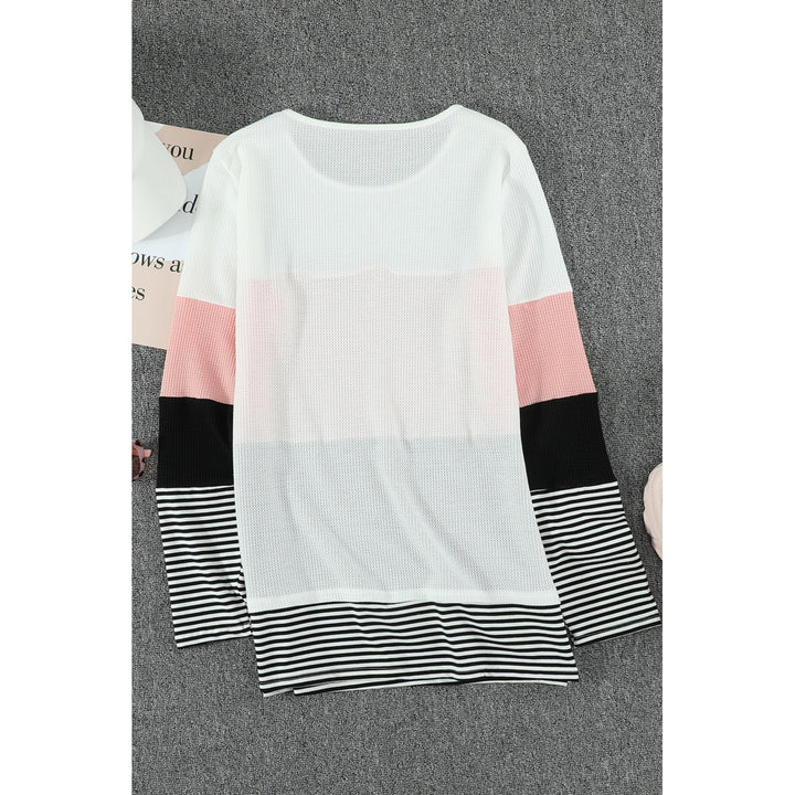 Womens Pink Stylish Colorblock Splicing Stripes Top Image 3