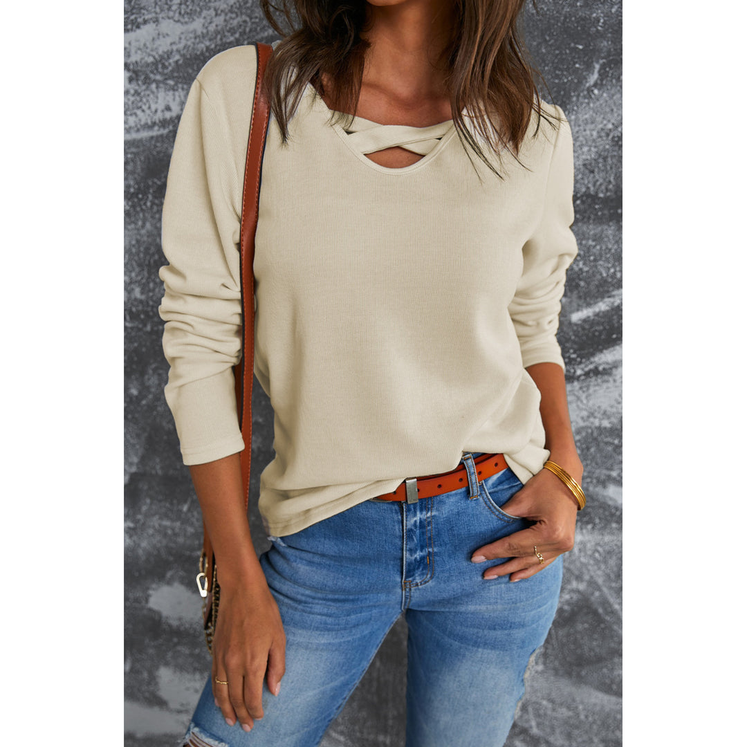 Womens Beige Crisscross Neck Ribbed Knit Top Image 1
