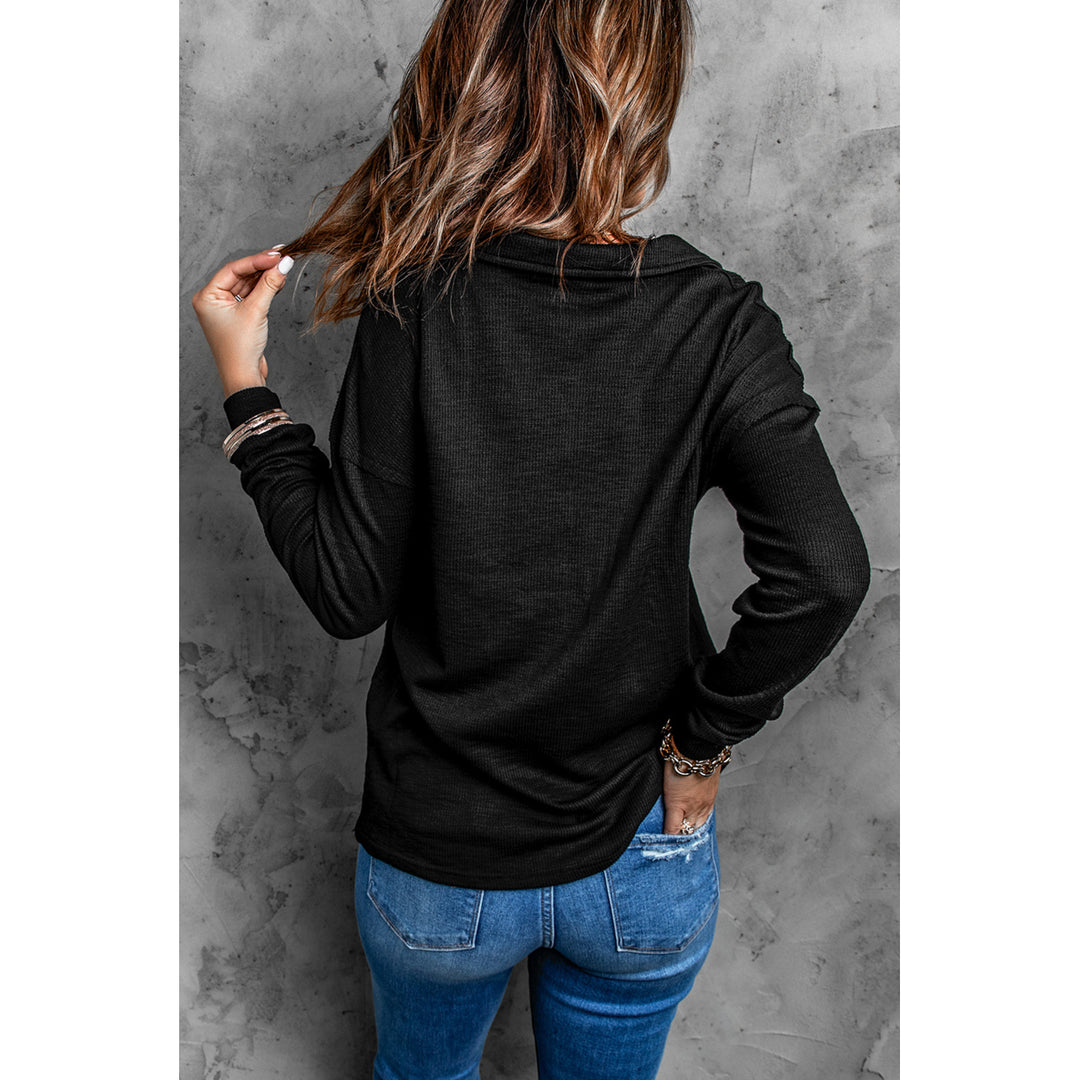 Women's Black Button Front Turn-down Neck Knit Top Image 1