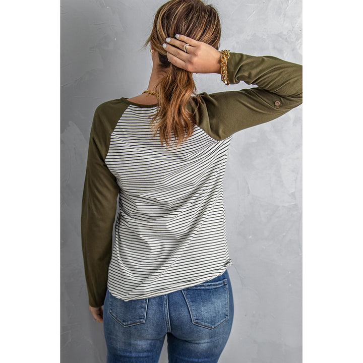 Women's Army Green Raglan Sleeve Splicing Striped Top with Pocket Image 2