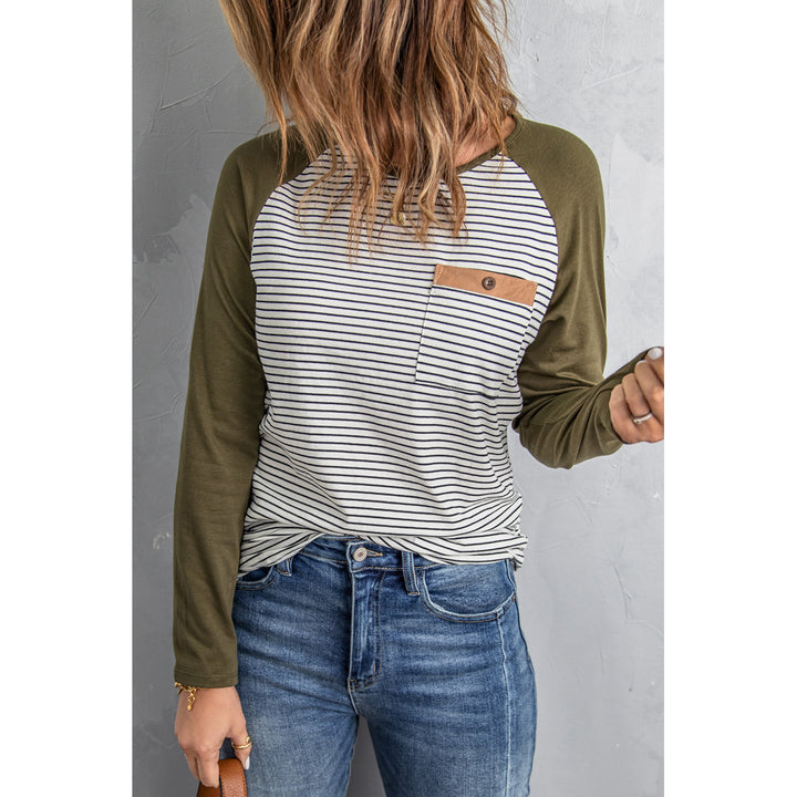 Women's Army Green Raglan Sleeve Splicing Striped Top with Pocket Image 1