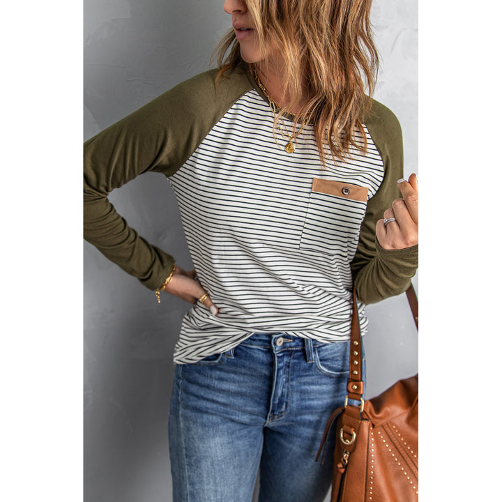 Women's Army Green Raglan Sleeve Splicing Striped Top with Pocket Image 3