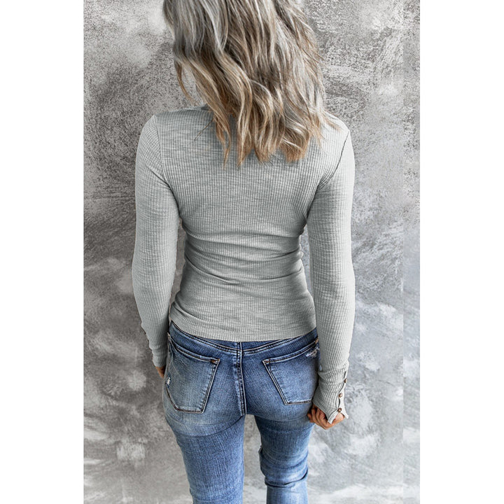 Women's Gray Crewneck Buttons Ribbed Knit Long Sleeve Top Image 2