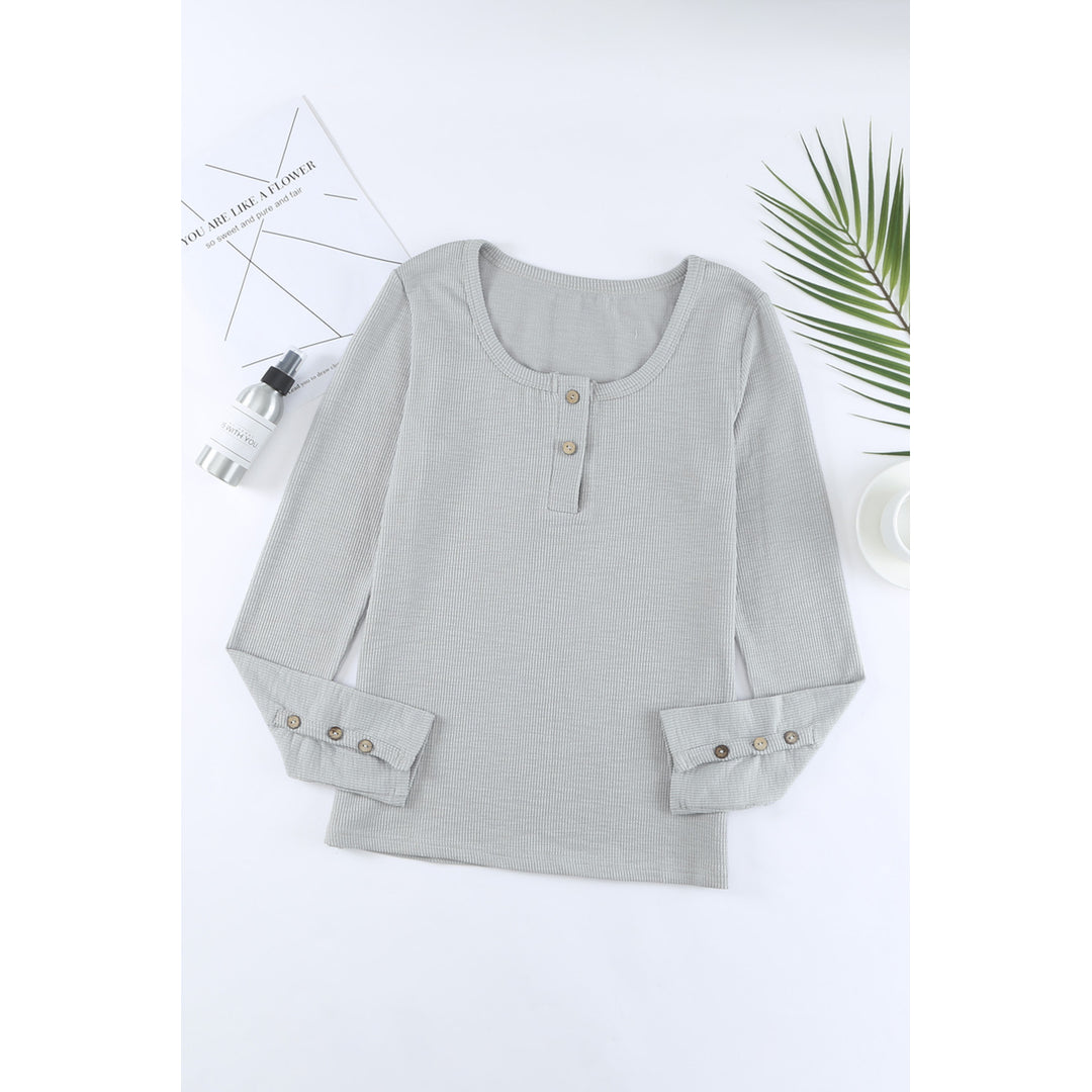 Women's Gray Crewneck Buttons Ribbed Knit Long Sleeve Top Image 1