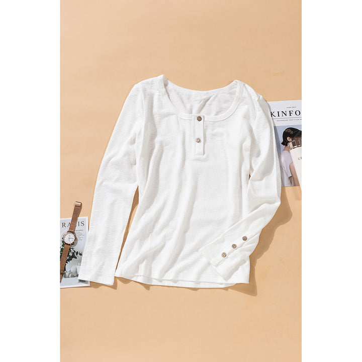 Womens White Crewneck Buttons Ribbed Knit Long Sleeve Top Image 7