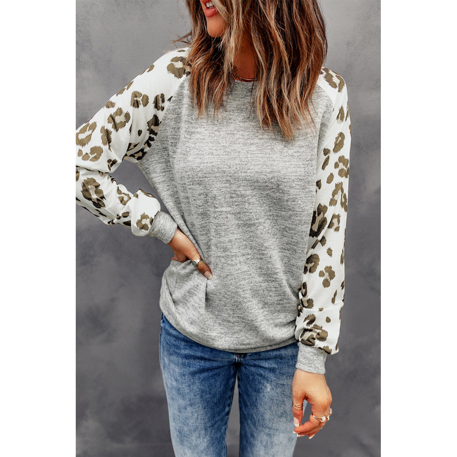 Womens Gray Round Neck Leopard Long Sleeve Top Image 1