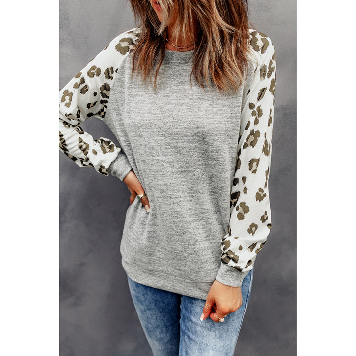 Womens Gray Round Neck Leopard Long Sleeve Top Image 3