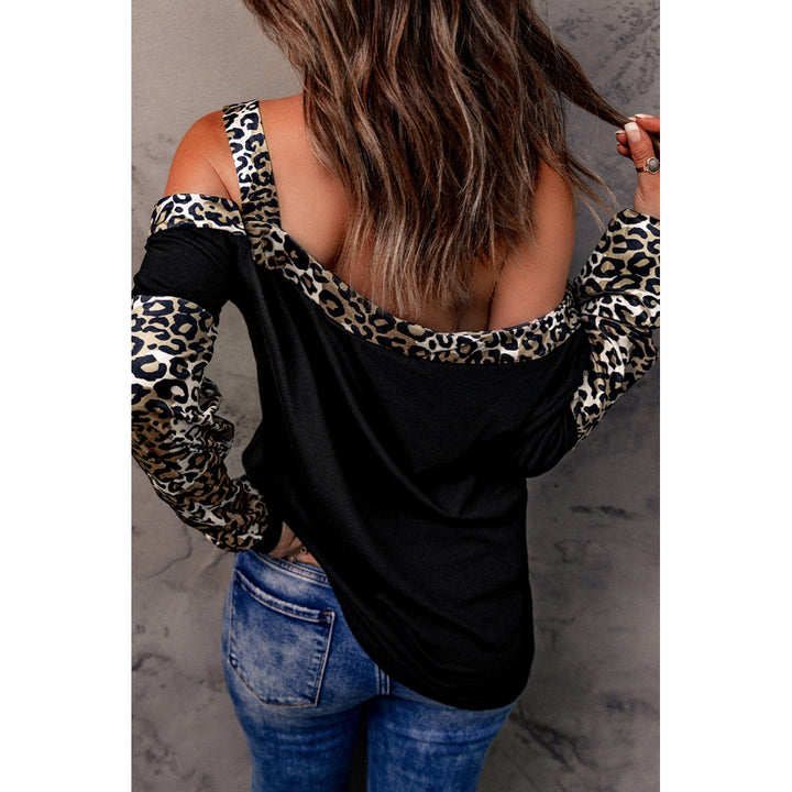 Womens Dew Shoulder Leopard Stitching Long-sleeved Blouse Image 2