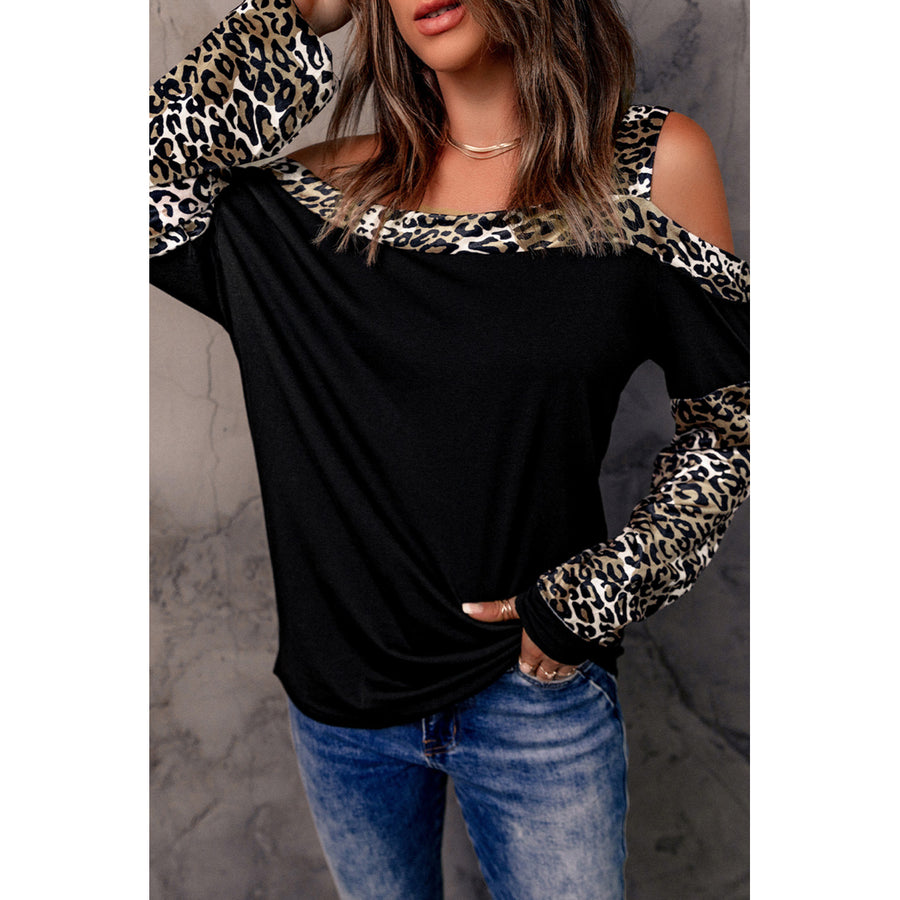 Womens Dew Shoulder Leopard Stitching Long-sleeved Blouse Image 1