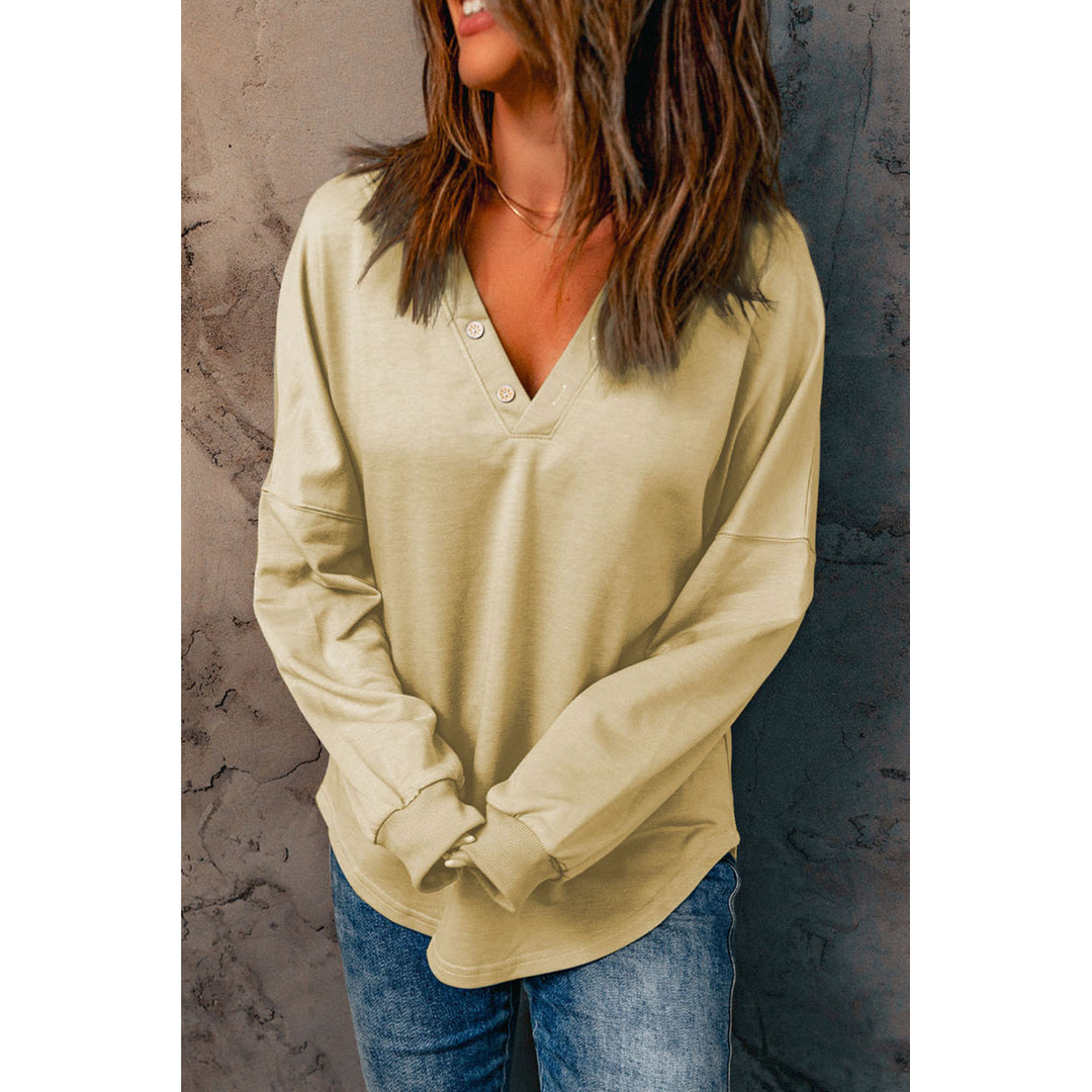 Womens Khaki Buttoned V Neck Cotton Loose Fit Top Image 1