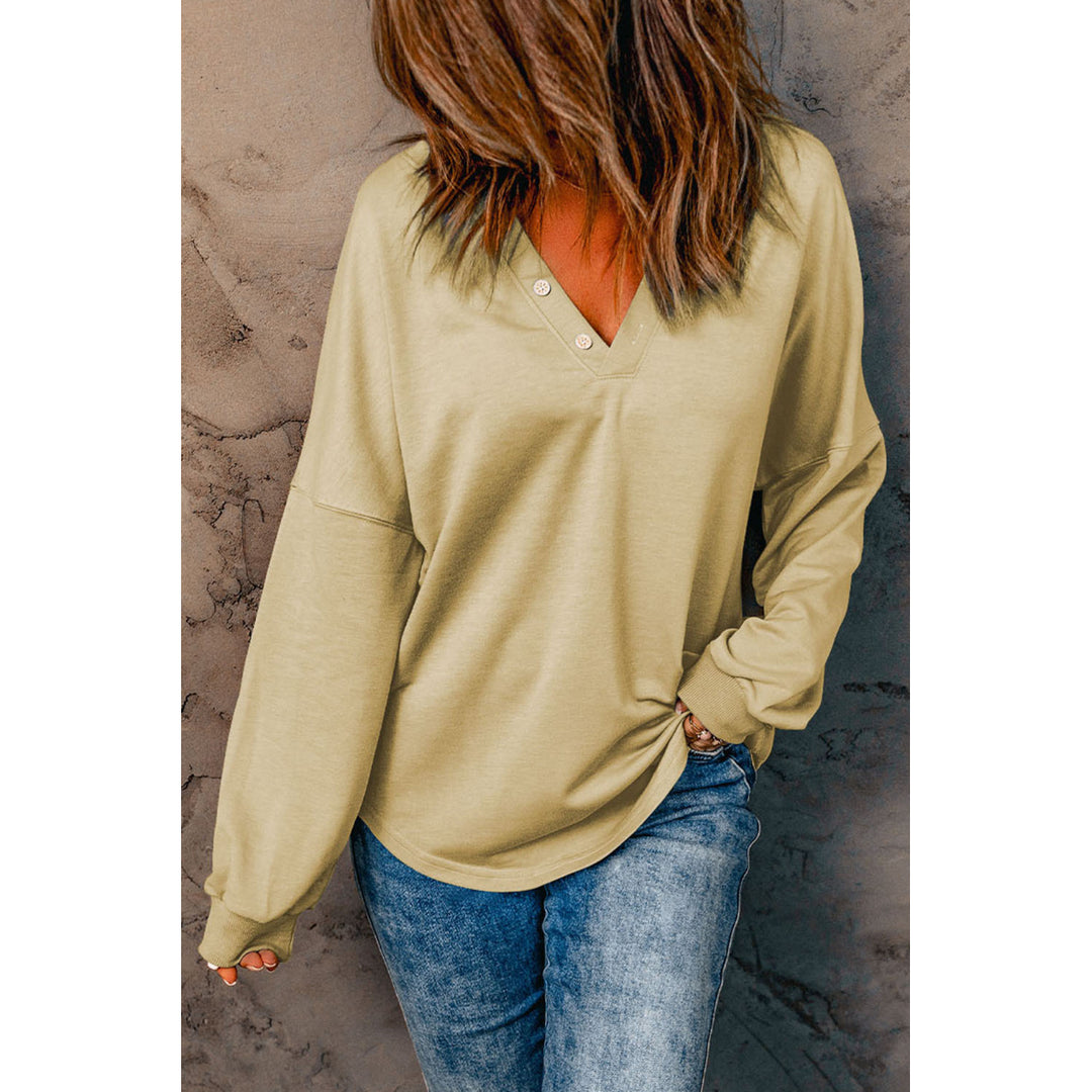 Womens Khaki Buttoned V Neck Cotton Loose Fit Top Image 3
