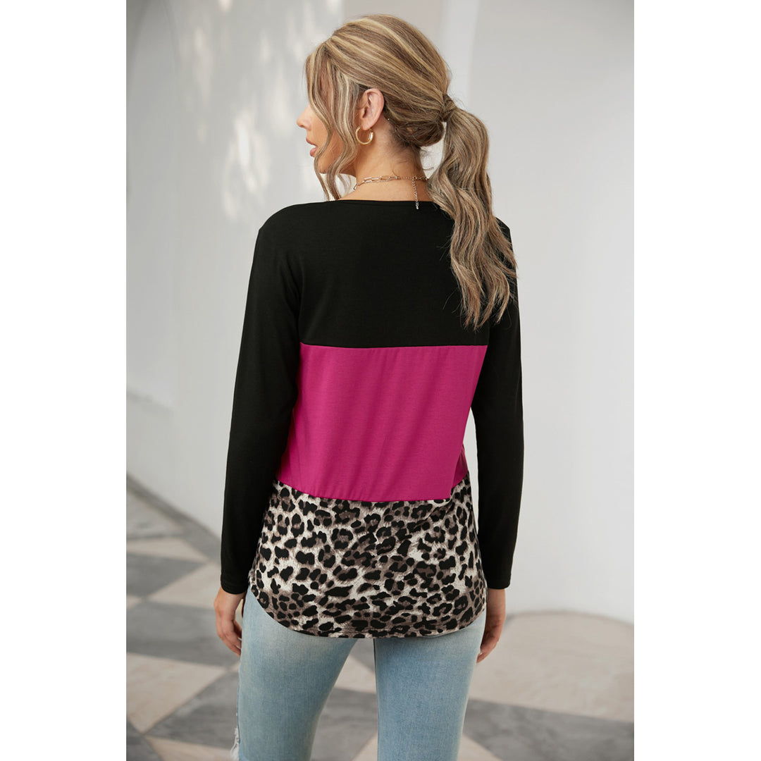 Women's Rosy Leopard Print Color Block Sequin Pocket Top Image 1