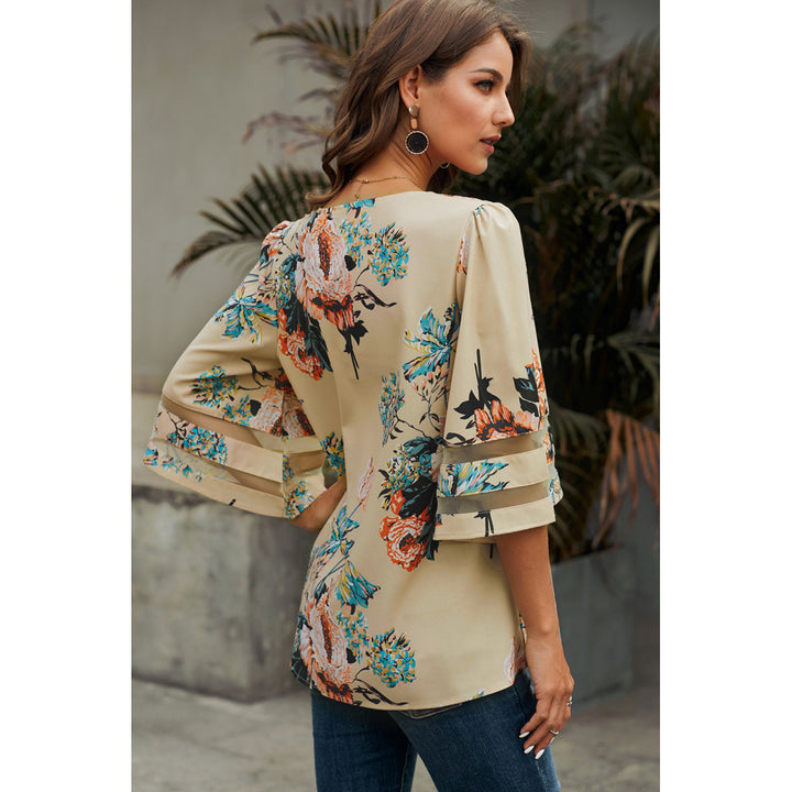Womens Apricot 3/4 Flared Sleeve Floral Blouse Image 2