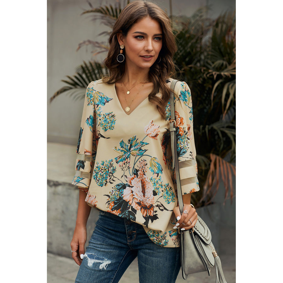 Womens Apricot 3/4 Flared Sleeve Floral Blouse Image 1