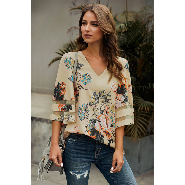 Womens Apricot 3/4 Flared Sleeve Floral Blouse Image 3